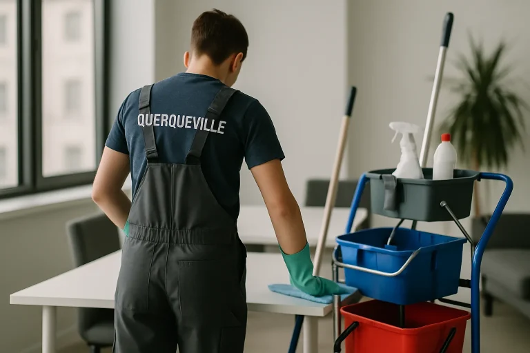 Un agent de nettoyage s'occupe d'un appartement à Querqueville avec des fournitures de nettoyage.