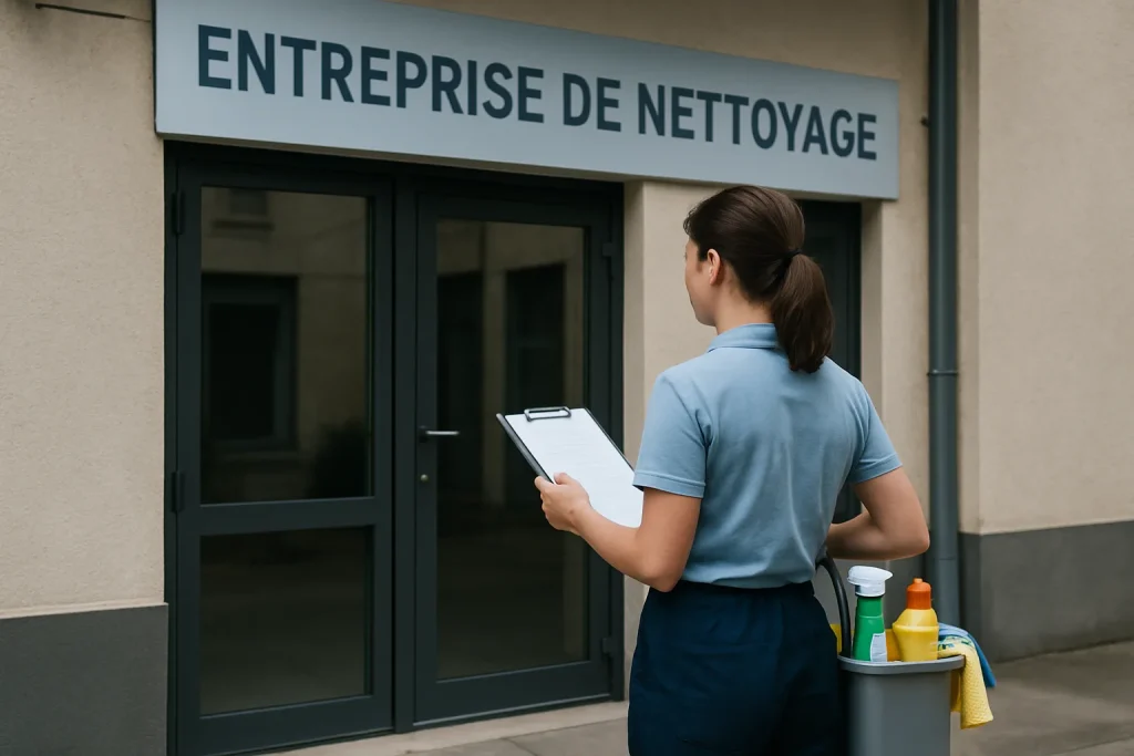 Un professionnel du nettoyage désinfectant un bureau à Villedieu-les-Poêles.