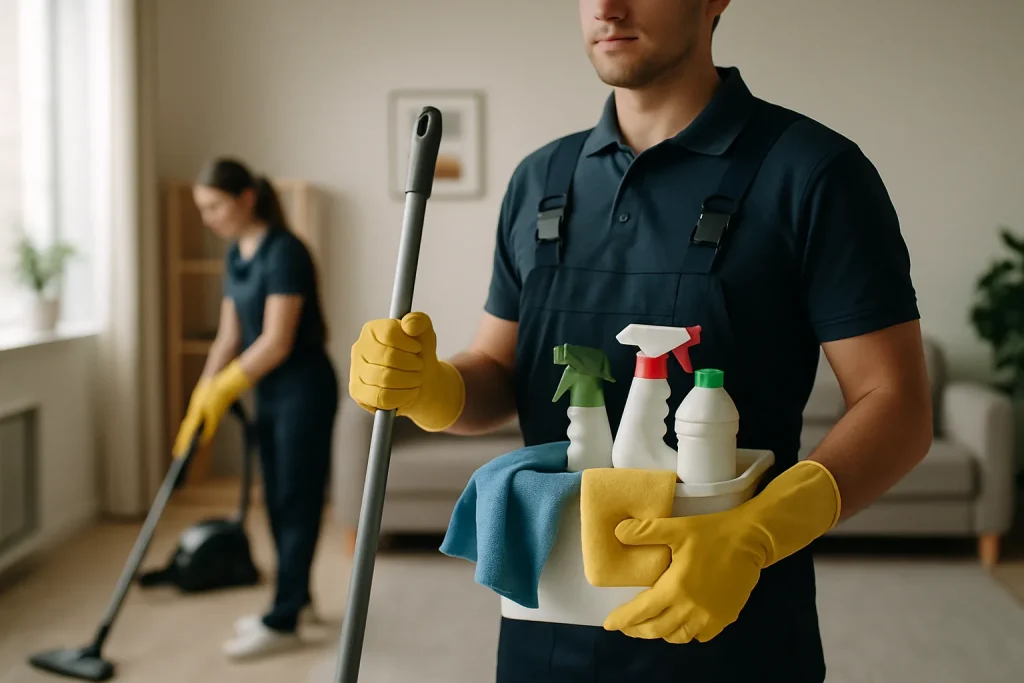 Équipe de nettoyage à Brix désinfectant un appartement avec des produits écologiques.
