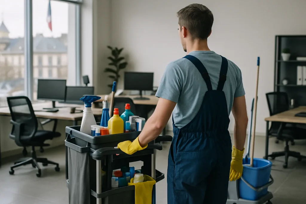 Une équipe professionnelle nettoyant un appartement à Cherbourg-Octeville avec des équipements spécialisés.
