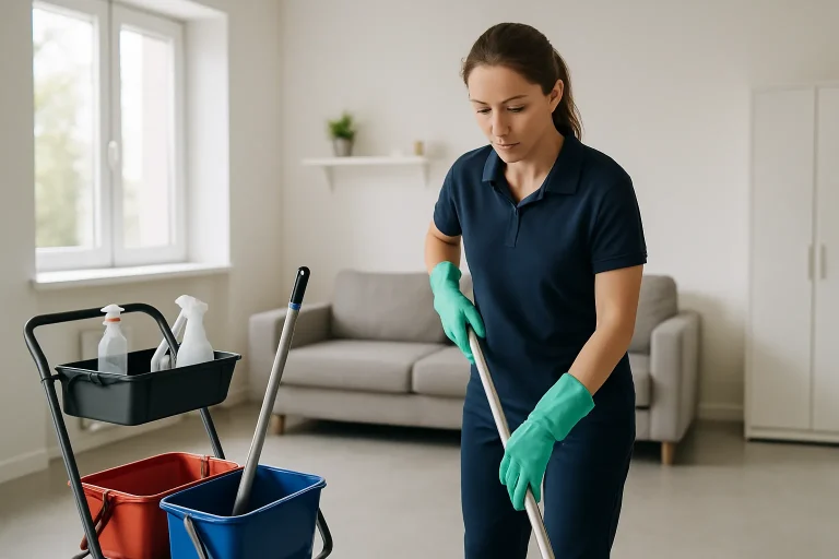 Un professionnel du nettoyage effectuant des tâches d'entretien dans un appartement à CONDE-SUR-VIRE.