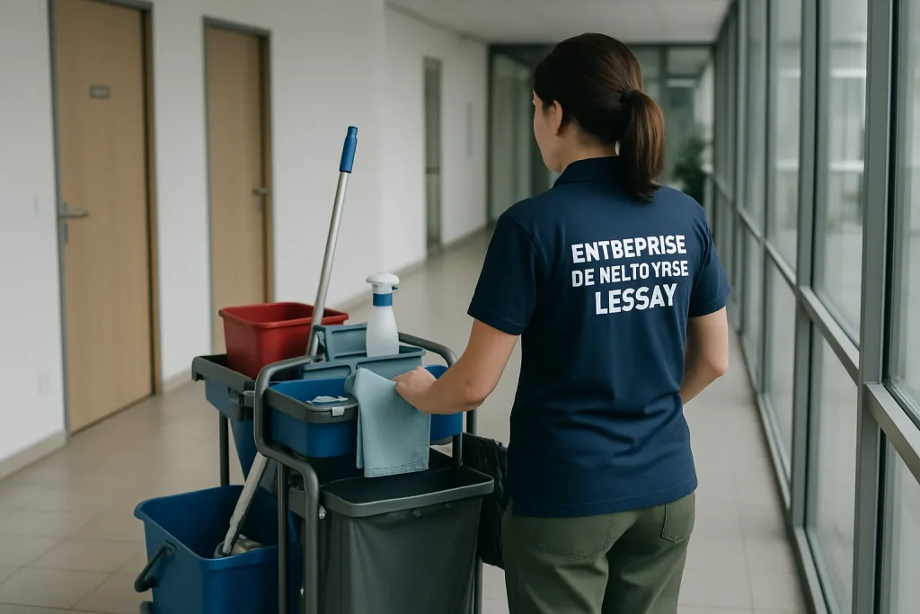 Équipe de nettoyage professionnelle à Lessay nettoyant un appartement avec des produits écologiques.