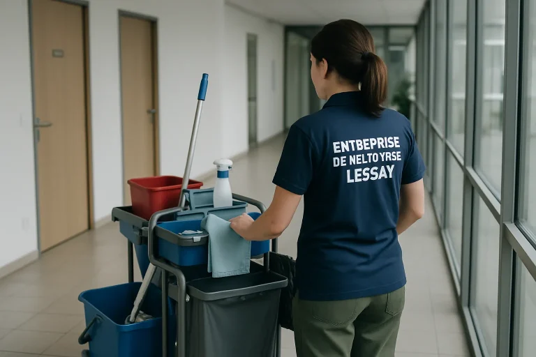 Équipe de nettoyage professionnelle à Lessay nettoyant un appartement avec des produits écologiques.