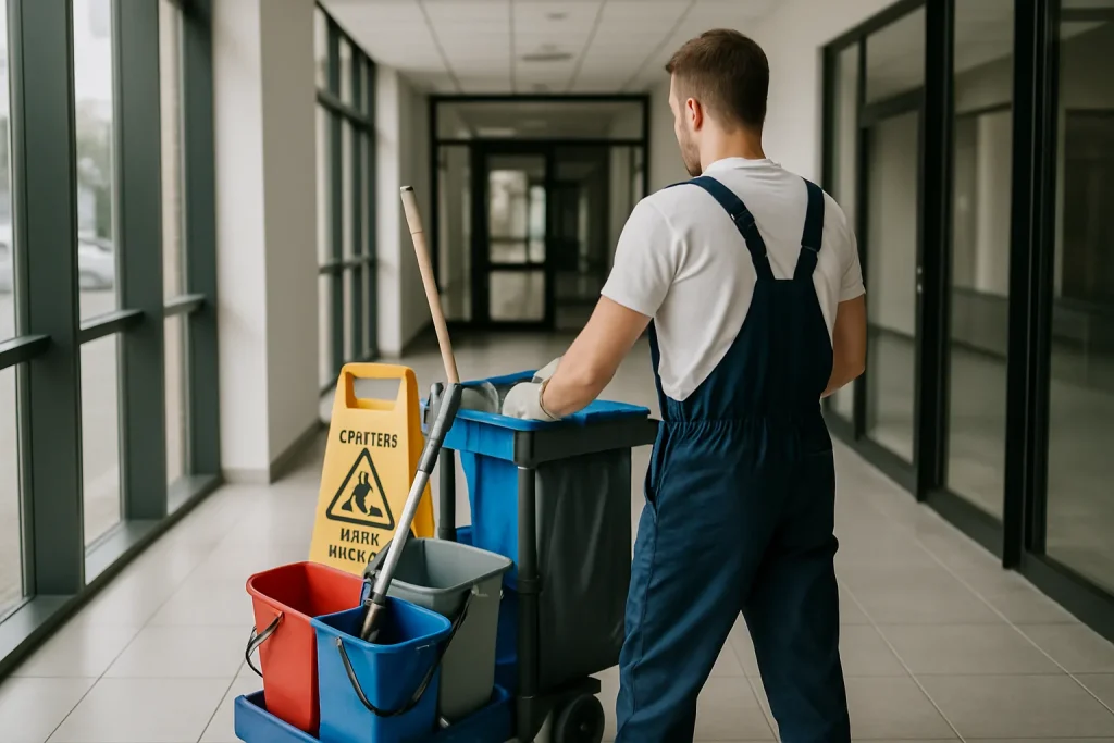 Équipe de nettoyage professionnelle à Bréhal, en train de nettoyer un appartement insalubre, avec des équipements spécialisés.