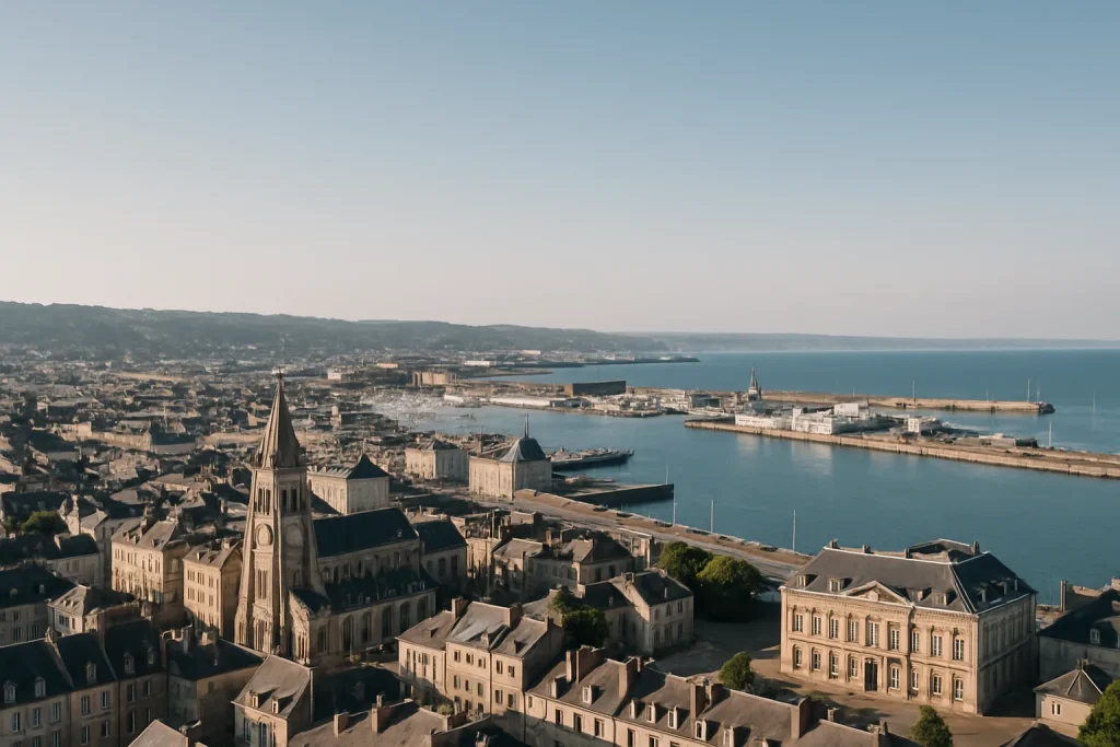 Vue aérienne de Cherbourg-en-Cotentin par temps clair avec bâtiments et port.