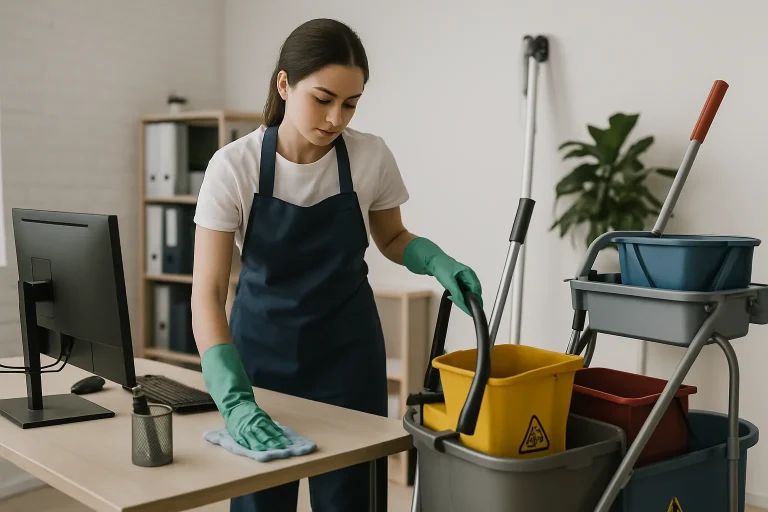 Équipe de nettoyage effectuant des travaux dans un appartement à Créances.