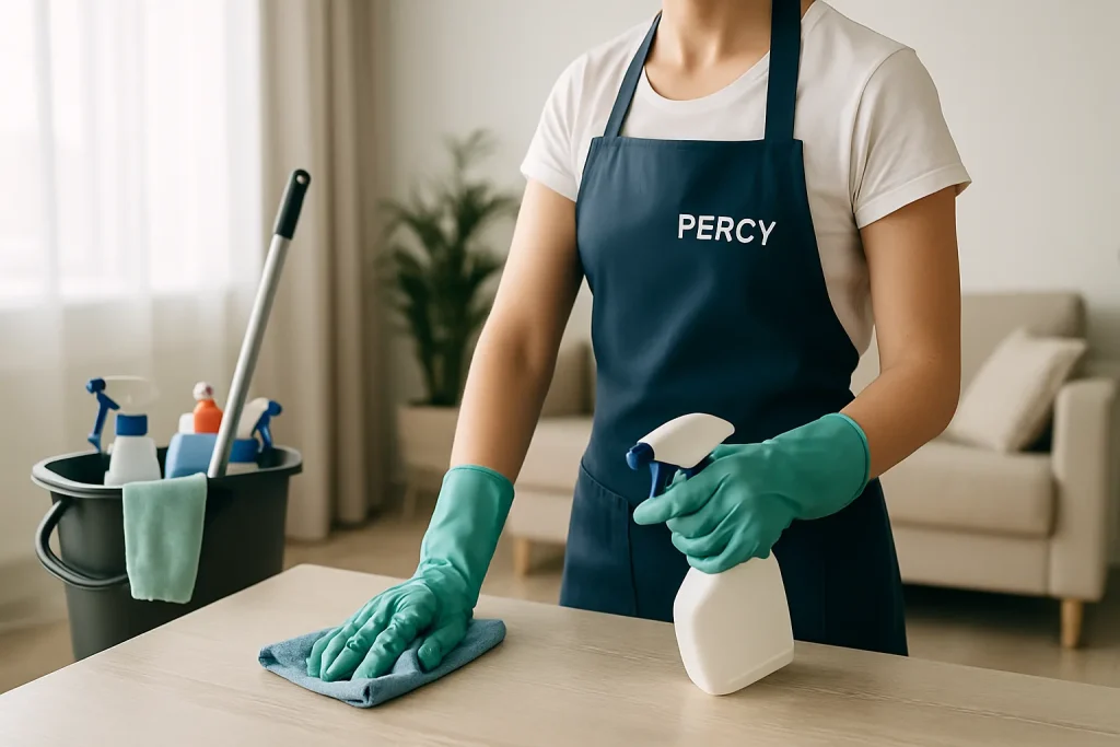 Équipe de nettoyage à PERCY désinfectant un appartement avec des équipements modernes.