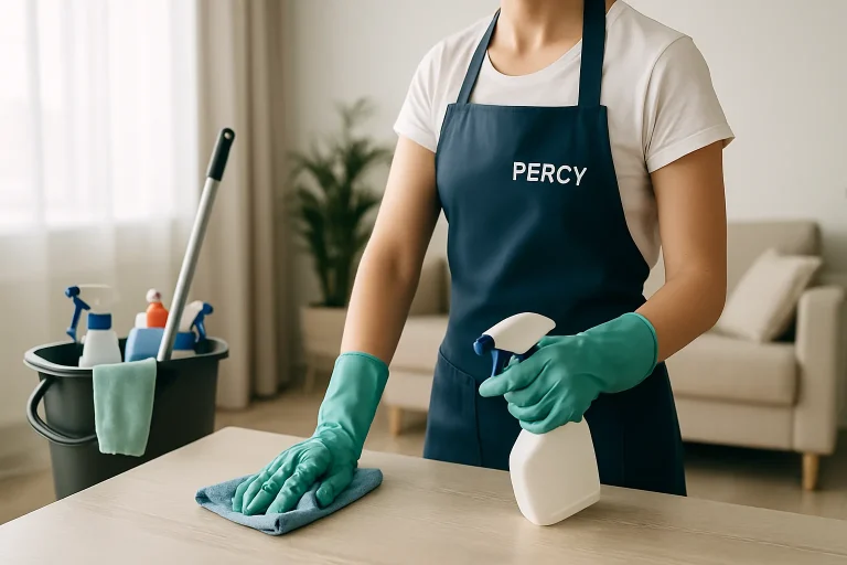 Équipe de nettoyage à PERCY désinfectant un appartement avec des équipements modernes.