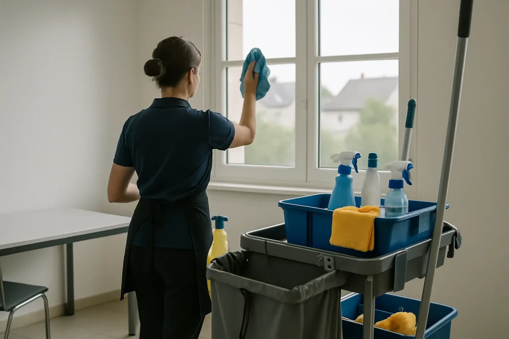 Un professionnel de nettoyage à EQUEURDREVILLE-HAINNEVILLE devant une maison, prêt à travailler.