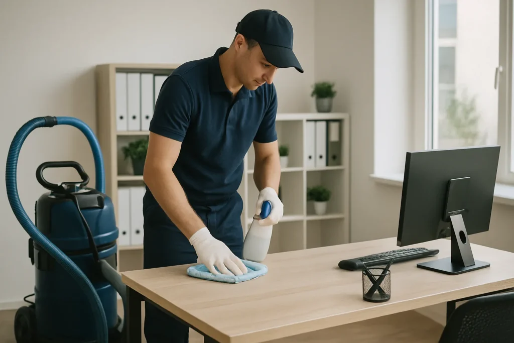 Un technicien de nettoyage au travail dans un appartement de Donville-les-Bains, utilisant des produits professionnels.