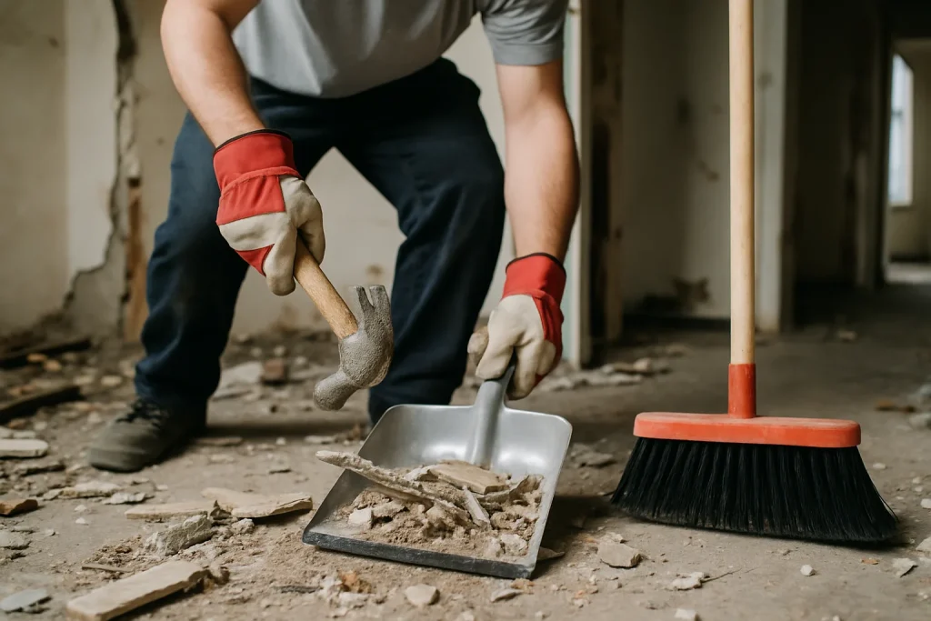 Mains nettoyant des débris dans une maison après sinistre, outils visibles.
