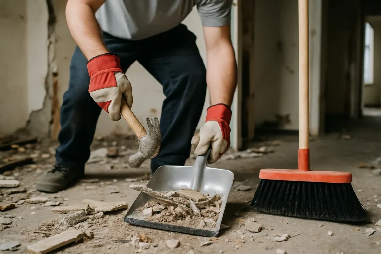 Mains nettoyant des débris dans une maison après sinistre, outils visibles.