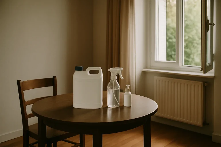 Intérieur d'une maison à Carentan-les-Marais avec des produits de désinfection sur une table, lumière douce.