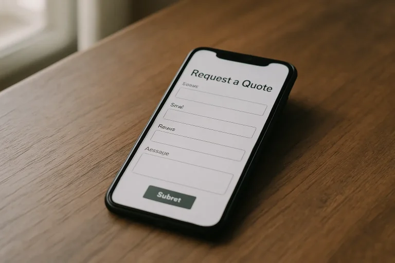 Téléphone portable sur une table avec formulaire de devis, lumière naturelle