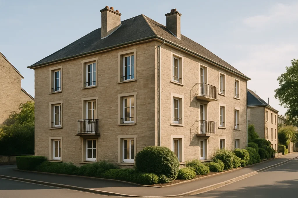 Immeuble résidentiel à Saint-Lô avec trottoir propre et plantes, lumière douce.