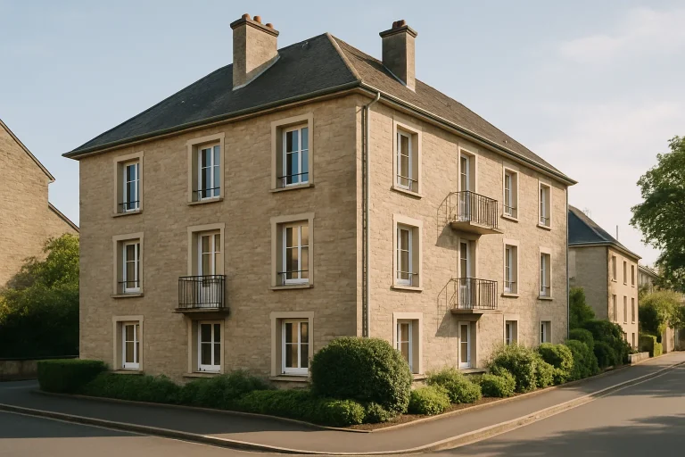 Immeuble résidentiel à Saint-Lô avec trottoir propre et plantes, lumière douce.