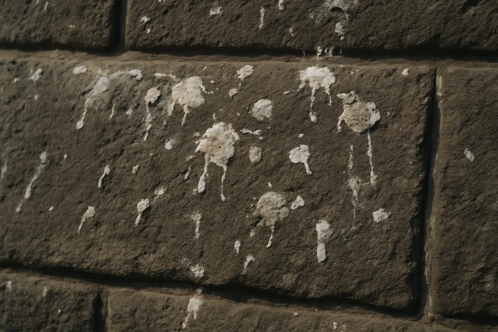 Gros plan d'une surface en pierre souillée par des fientes de pigeon à Cherbourg