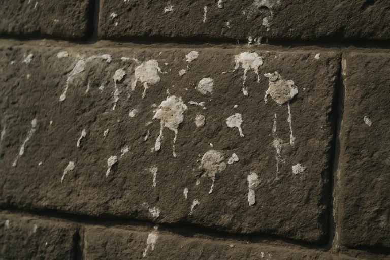 Gros plan d'une surface en pierre souillée par des fientes de pigeon à Cherbourg