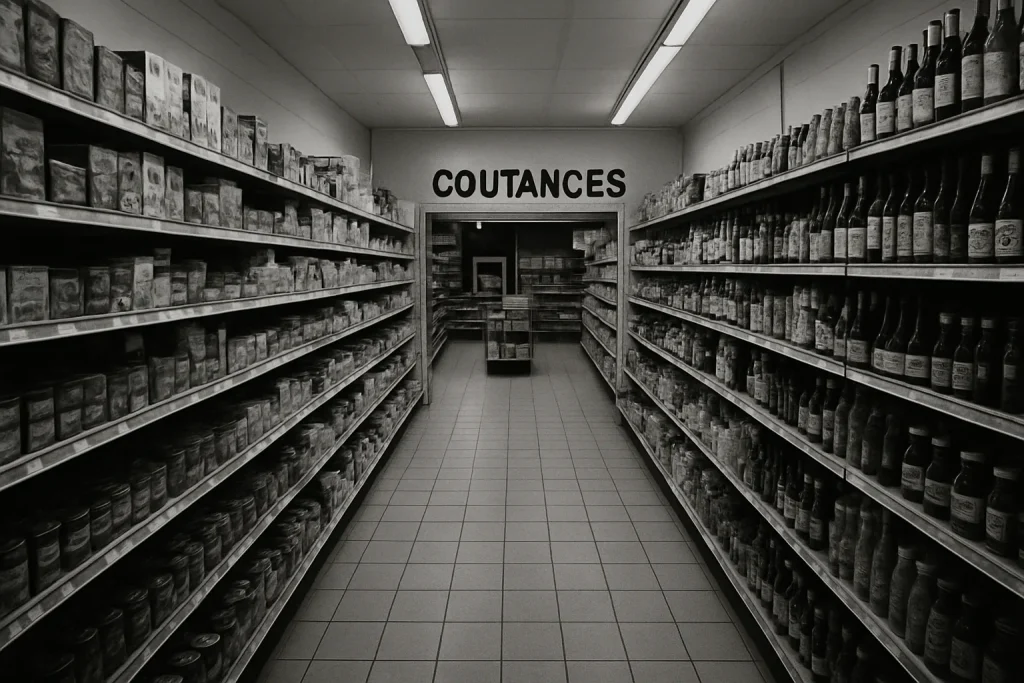 Intérieur d'un commerce alimentaire à Coutances avec étagères et produits visibles