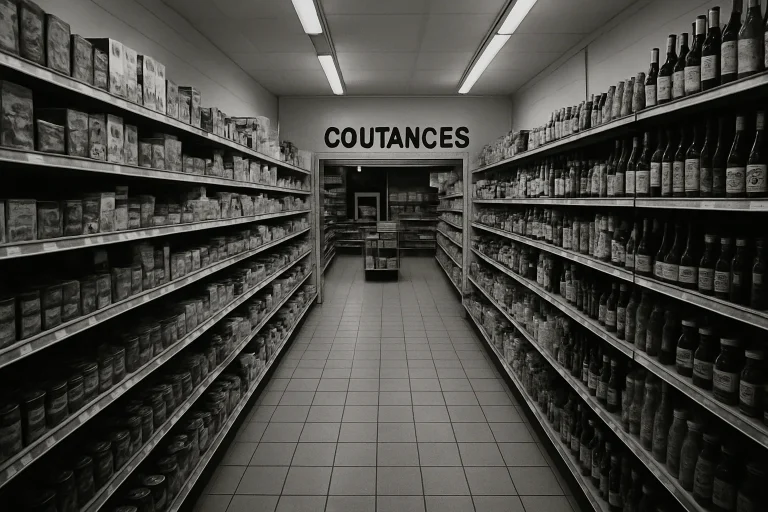 Intérieur d'un commerce alimentaire à Coutances avec étagères et produits visibles