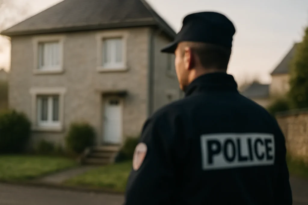 Silhouette floue d'un policier en uniforme devant une maison à Saint-Lô, éclairée par la lumière du matin.