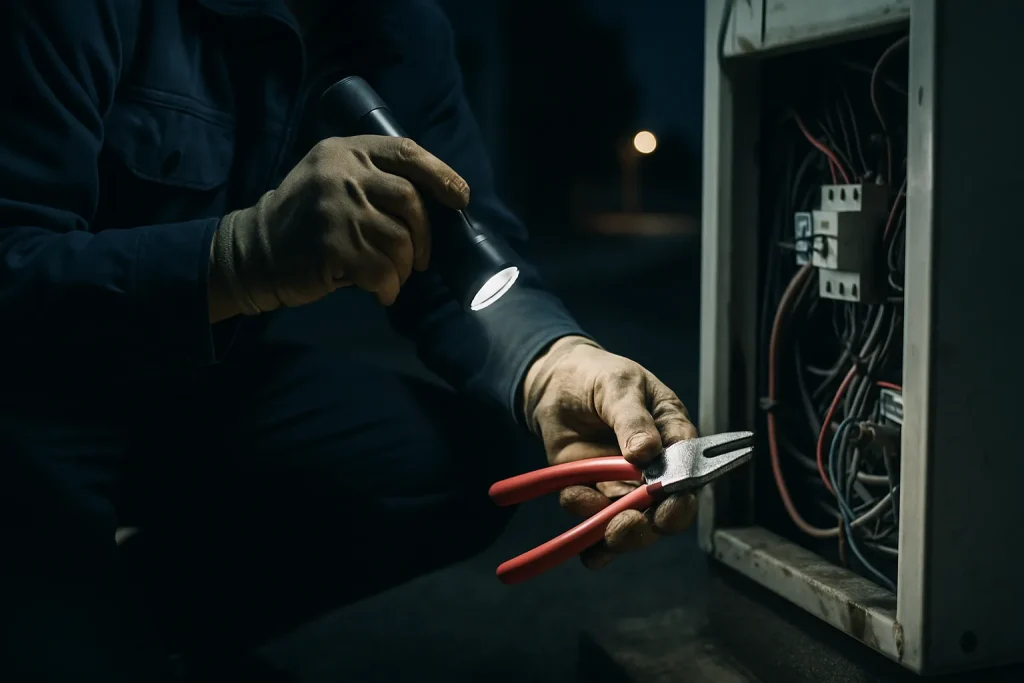 Technicien en action de nuit avec outils, lumière artificielle, ambiance d'urgence.