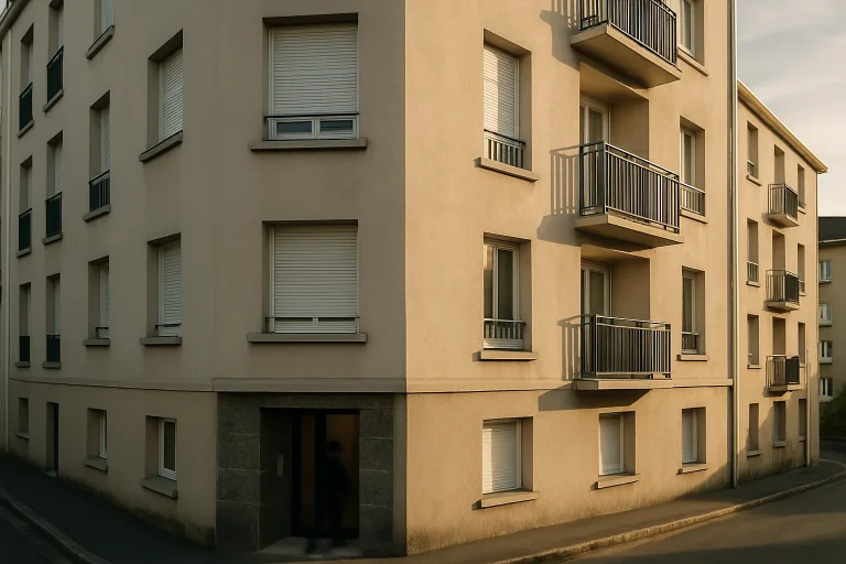 Vue d'une entrée de copropriété à Granville sous la lumière du soir, avec une silhouette floue.