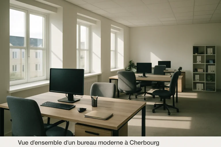 Bureau moderne à Cherbourg avec lumière du matin, prêt à être nettoyé