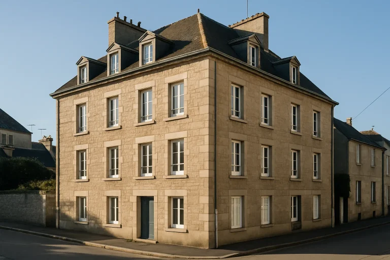 Façade d'immeuble résidentiel à Cherbourg sous lumière du matin, entrée propre.