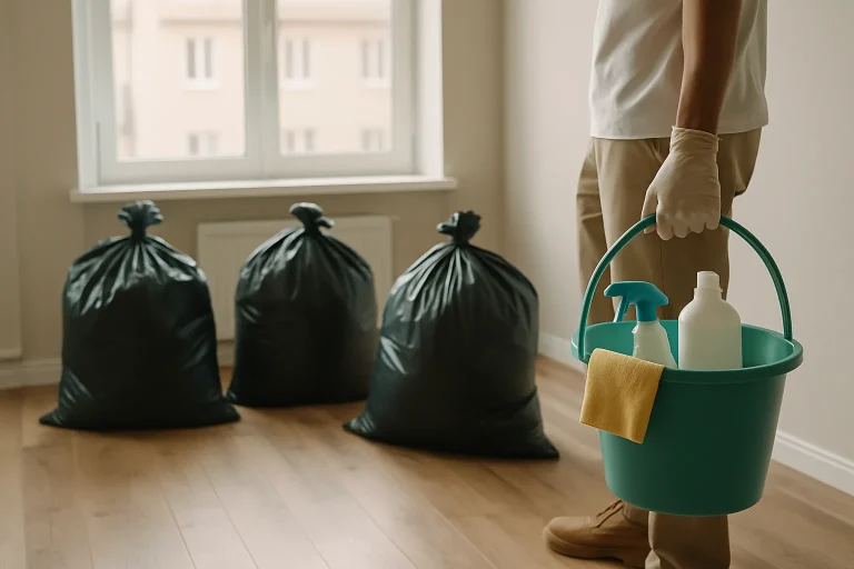 Intérieur d'un appartement à Coutances en cours de nettoyage après expulsion, sacs poubelles visibles.