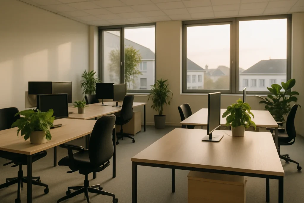 Bureau moderne à Cherbourg avec organisation soignée et lumière naturelle