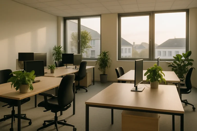 Bureau moderne à Cherbourg avec organisation soignée et lumière naturelle
