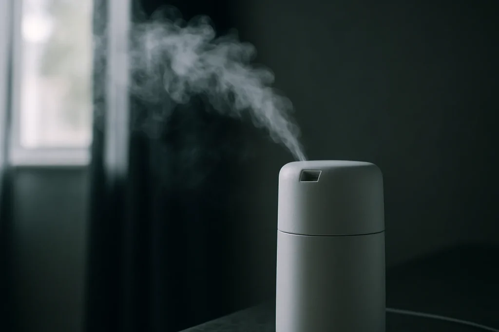 Vapeur d'un désodorisant industriel en action dans une pièce sombre à Avranches