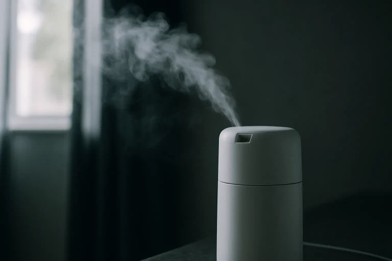 Vapeur d'un désodorisant industriel en action dans une pièce sombre à Avranches