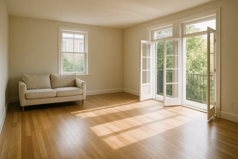 Salon vide avec parquet en bois et lumière douce, prêt pour une vente immobilière.