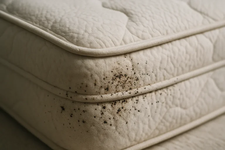 Matelas montrant des signes d'infestation de punaises de lit, éclairage naturel.