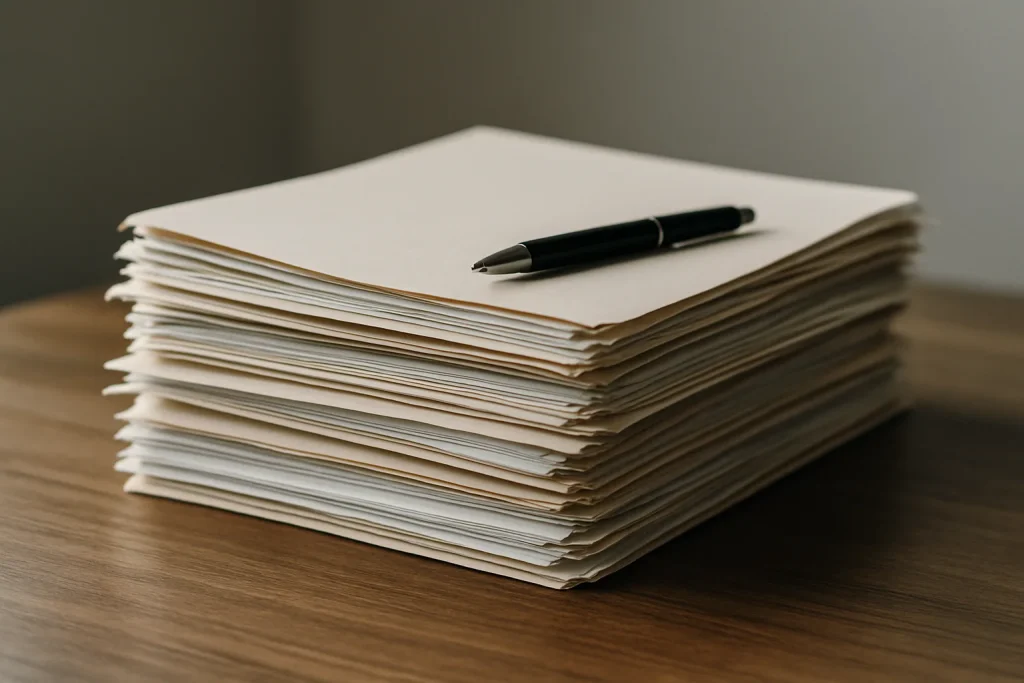 Pile de dossiers officiels et un stylo sur une table en bois, sous une lumière douce.
