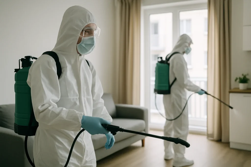 Techniciens en combinaison désinfectant un appartement après un décès à Saint-Lô.