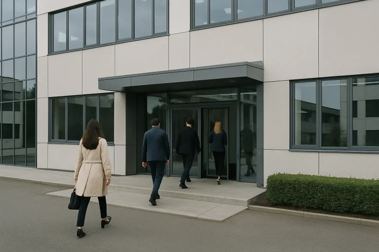 Vue extérieure d'un bâtiment de bureaux à Avranches avec des employés entrant