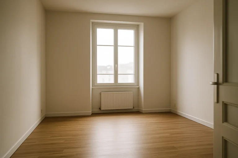 Un appartement vide à Cherbourg, éclairé par la lumière douce d'une grande fenêtre, sol propre et murs blancs.