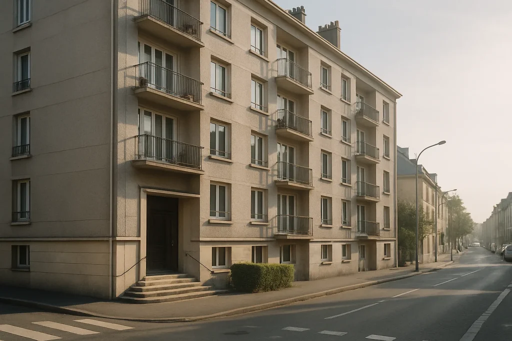 Immeuble résidentiel à Cherbourg avec entrée principale visible, lumière du matin.