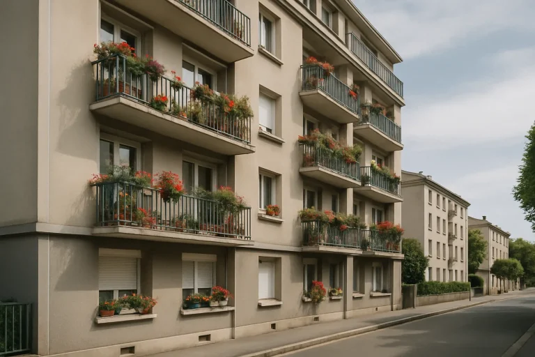 Façade d'un immeuble à Cherbourg avec balcons fleuris sous la lumière du jour.