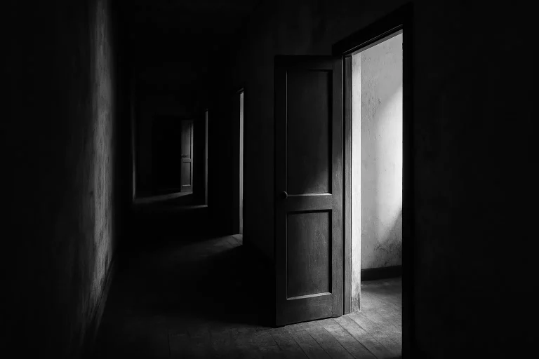 Couloir sombre d'un logement squatté avec portes entrouvertes, en noir et blanc.