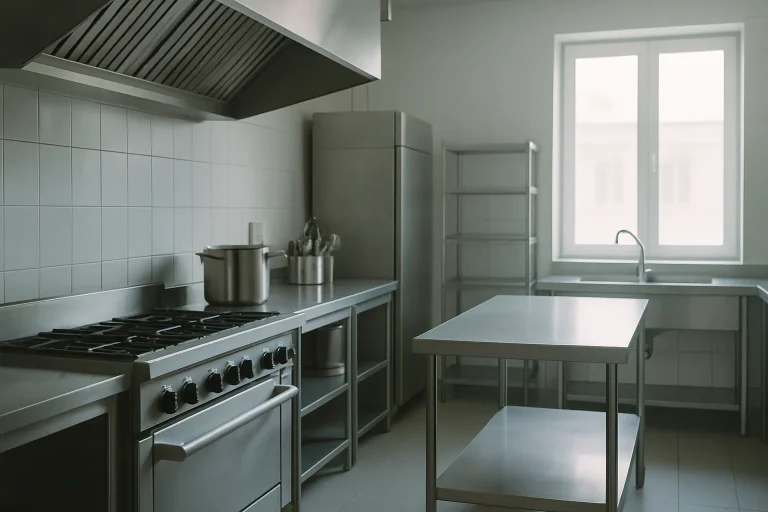 Cuisine de restaurant vide avec équipements en acier inoxydable, lumière douce, ambiance stérile.