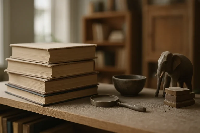 Étagère remplie de livres et objets avec poussière, flou en arrière-plan