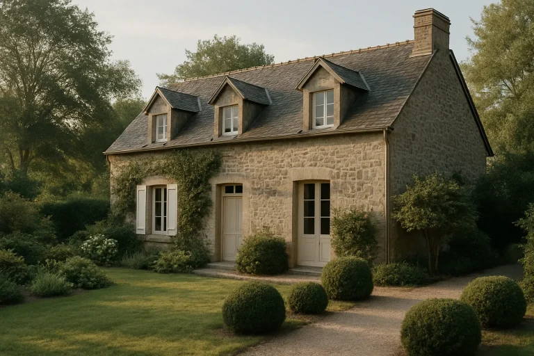 Vue d'une maison de campagne en Manche avec jardin, éclairée par la lumière du matin.