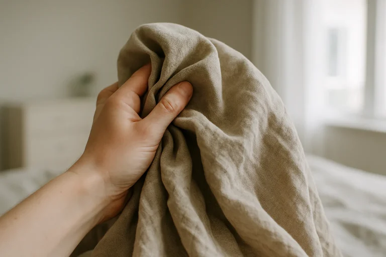 Une main examine un textile froissé à nettoyer après infestation de punaises de lit.
