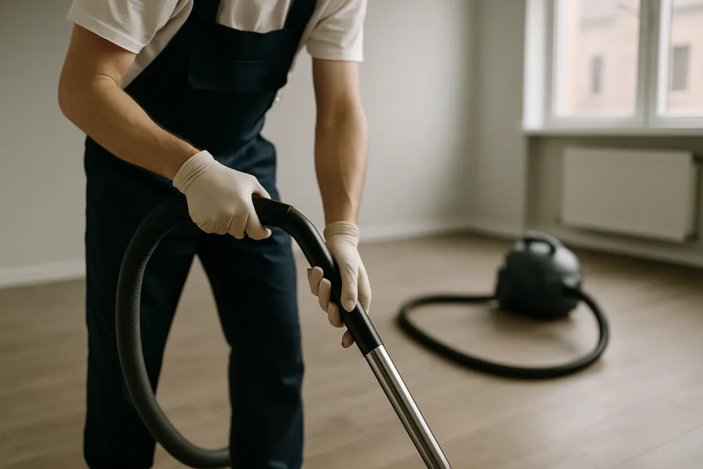 Nettoyeur utilisant un aspirateur dans un appartement vidé après expulsion à Coutances.
