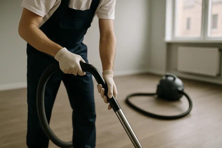 Nettoyeur utilisant un aspirateur dans un appartement vidé après expulsion à Coutances.
