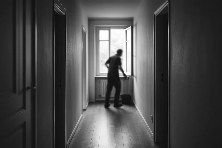 Couloir d'appartement vide à Cherbourg avec silhouette floue d'un nettoyeur